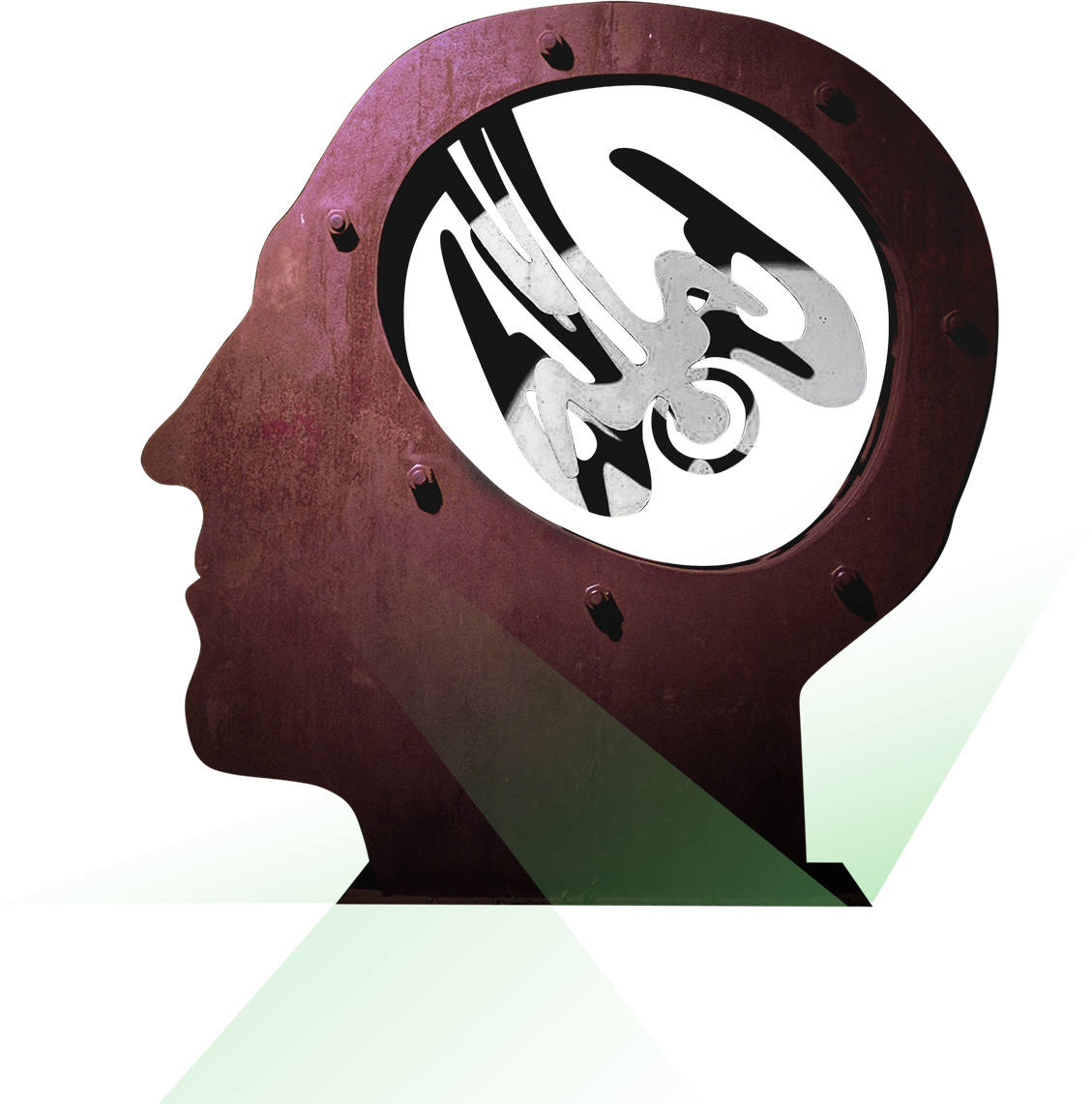 Stylized head sculpture with abstract design inside